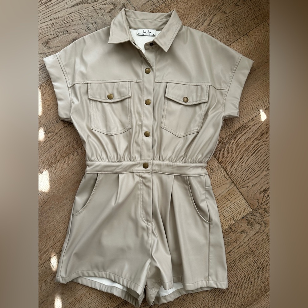 Tan Beige Short Sleeve Pleather Romper Sadie & Sage